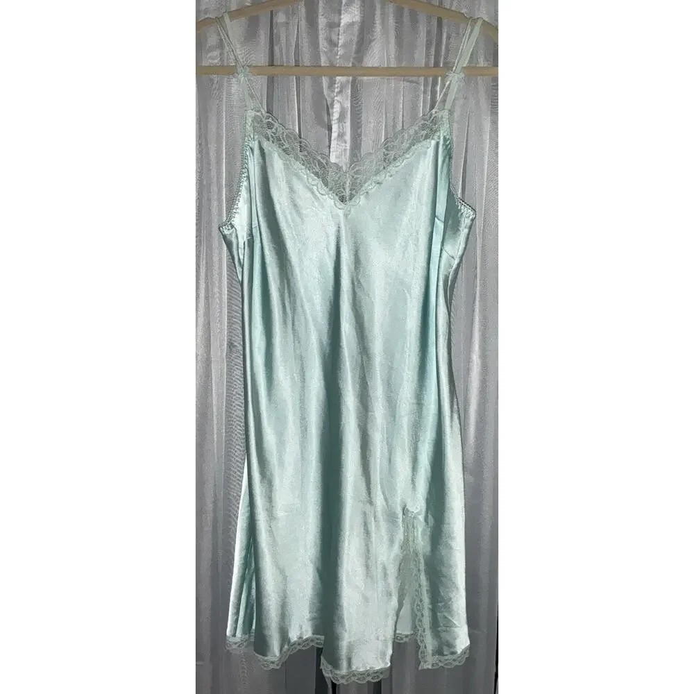 Victoria Secret Soft Aqua Satin Chemise Y2K Delicate Dreamy Charm Sz Large